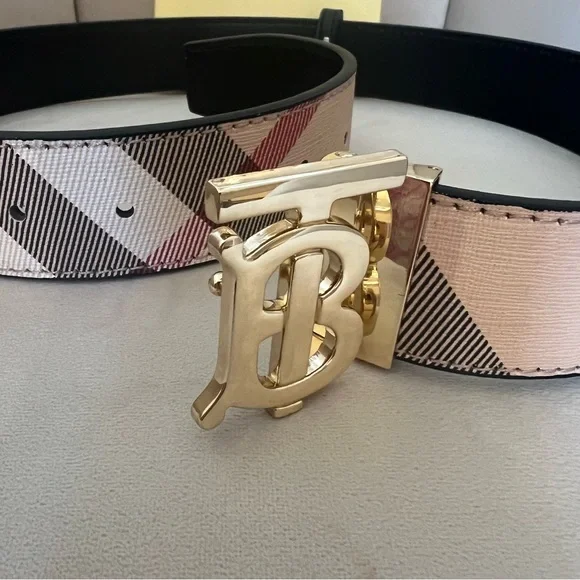 Burberry Monogram Check TB Logo Gold Buckle Plaid Belt Beige Gold Luxe Holiday - Picture 11 of 17